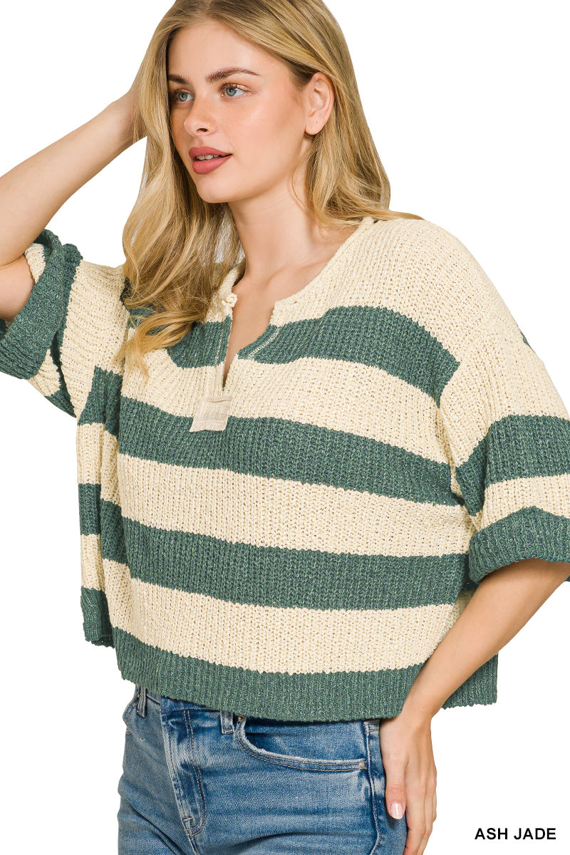 Split Neck Stripe Sweater