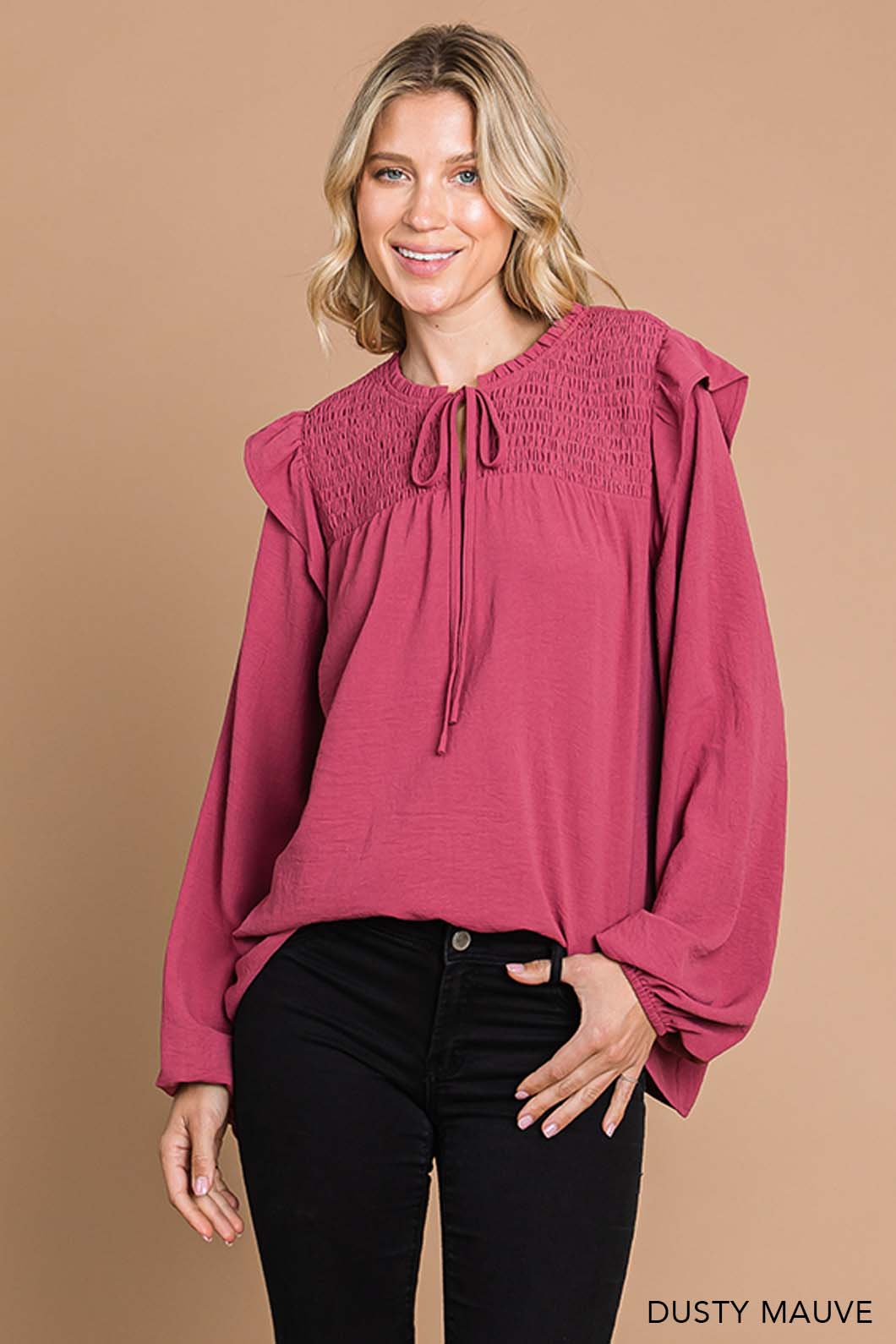 Smocking Detailed Ruffle Shoulder Top