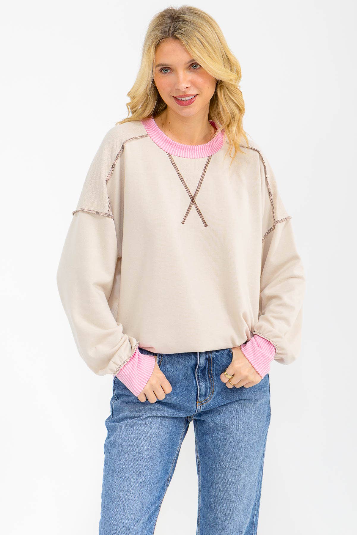 Contrast Trim Exposed Seam Sweatshirt