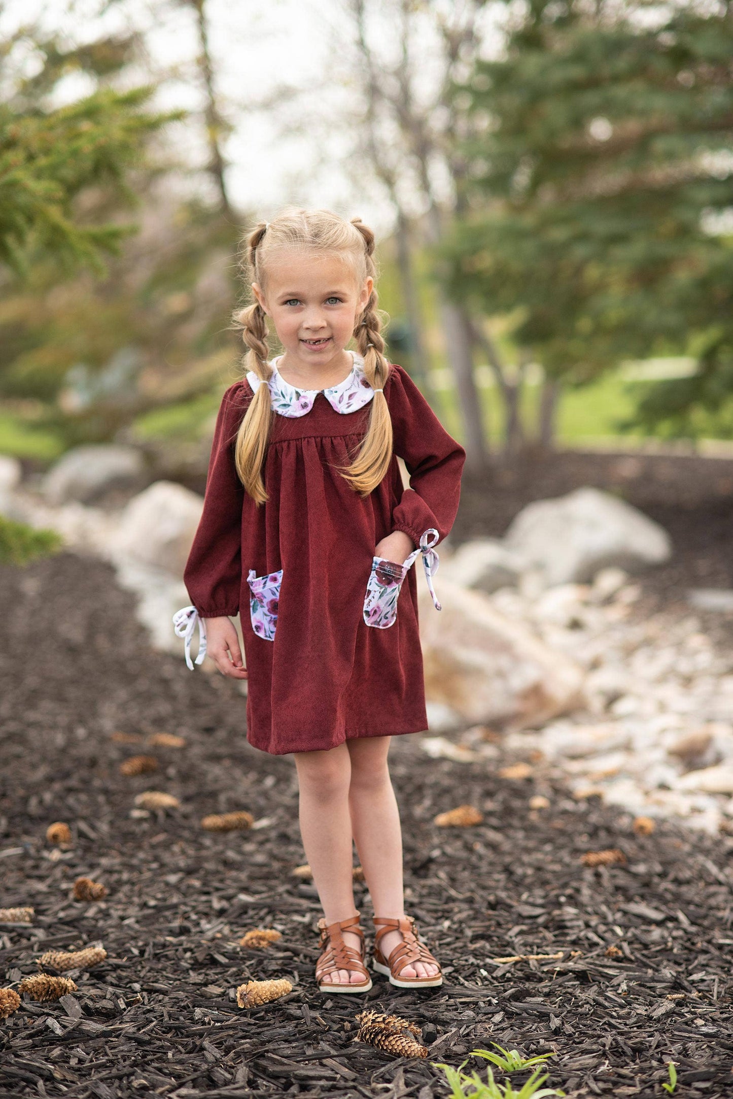 Kids Wine Burgundy Corduroy Pocket Bow Fall Winter Dress