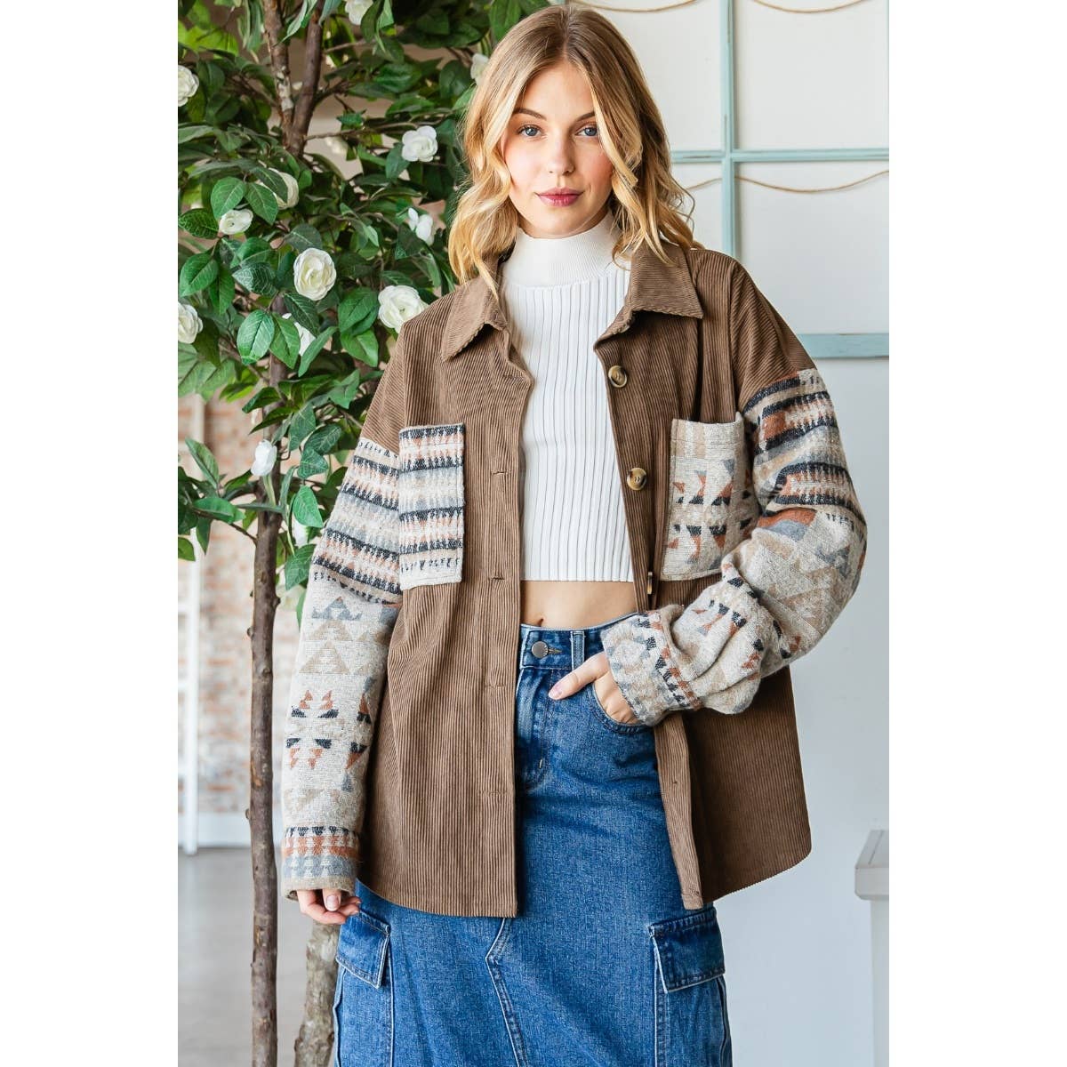 Contrast Pattern Corduroy Shacket