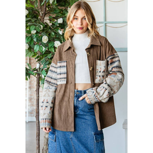 Contrast Pattern Corduroy Shacket