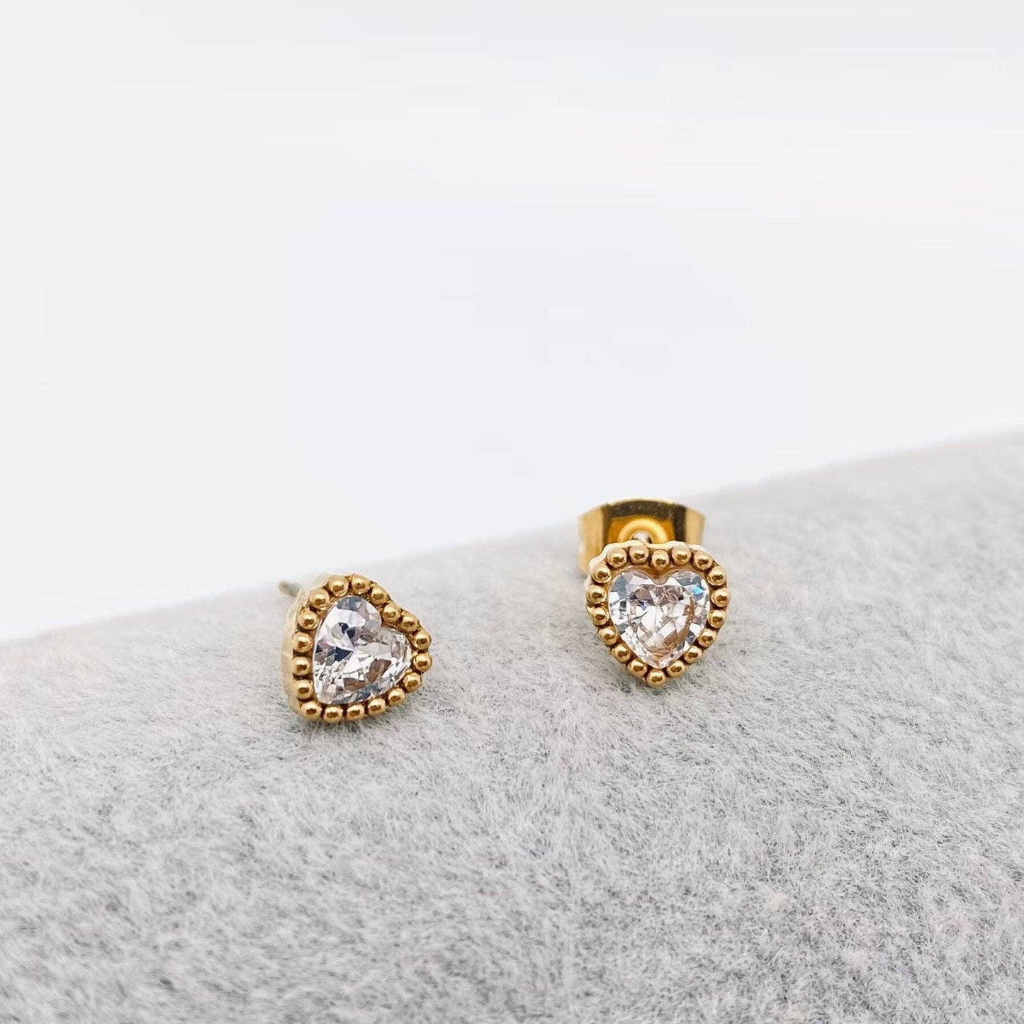 Cubic Zirconia Heart Gold Plated Ear Studs
