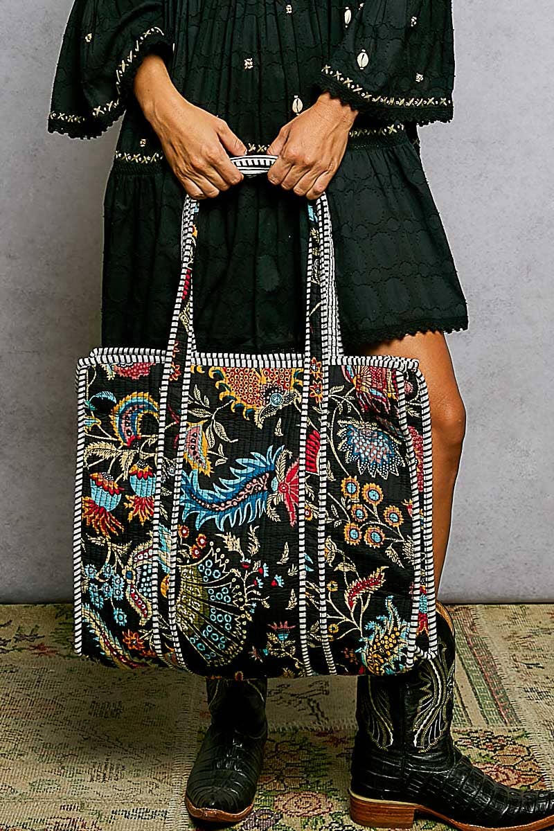 Quilted Striped Black Tote Bag