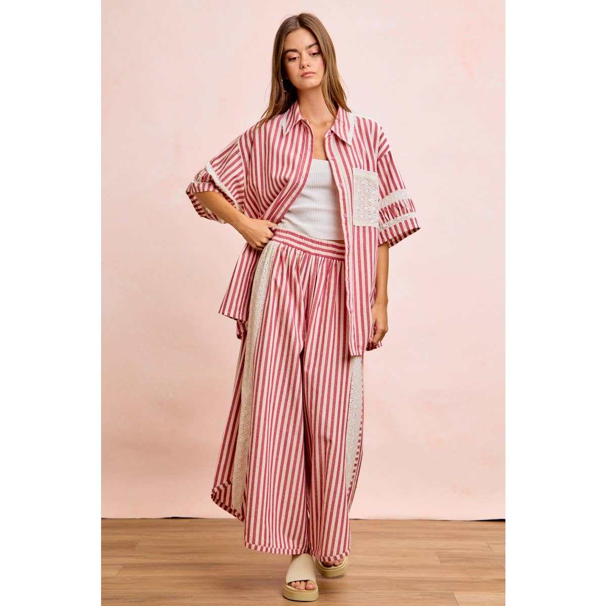 Floral Eyelet Wide Leg Pants
