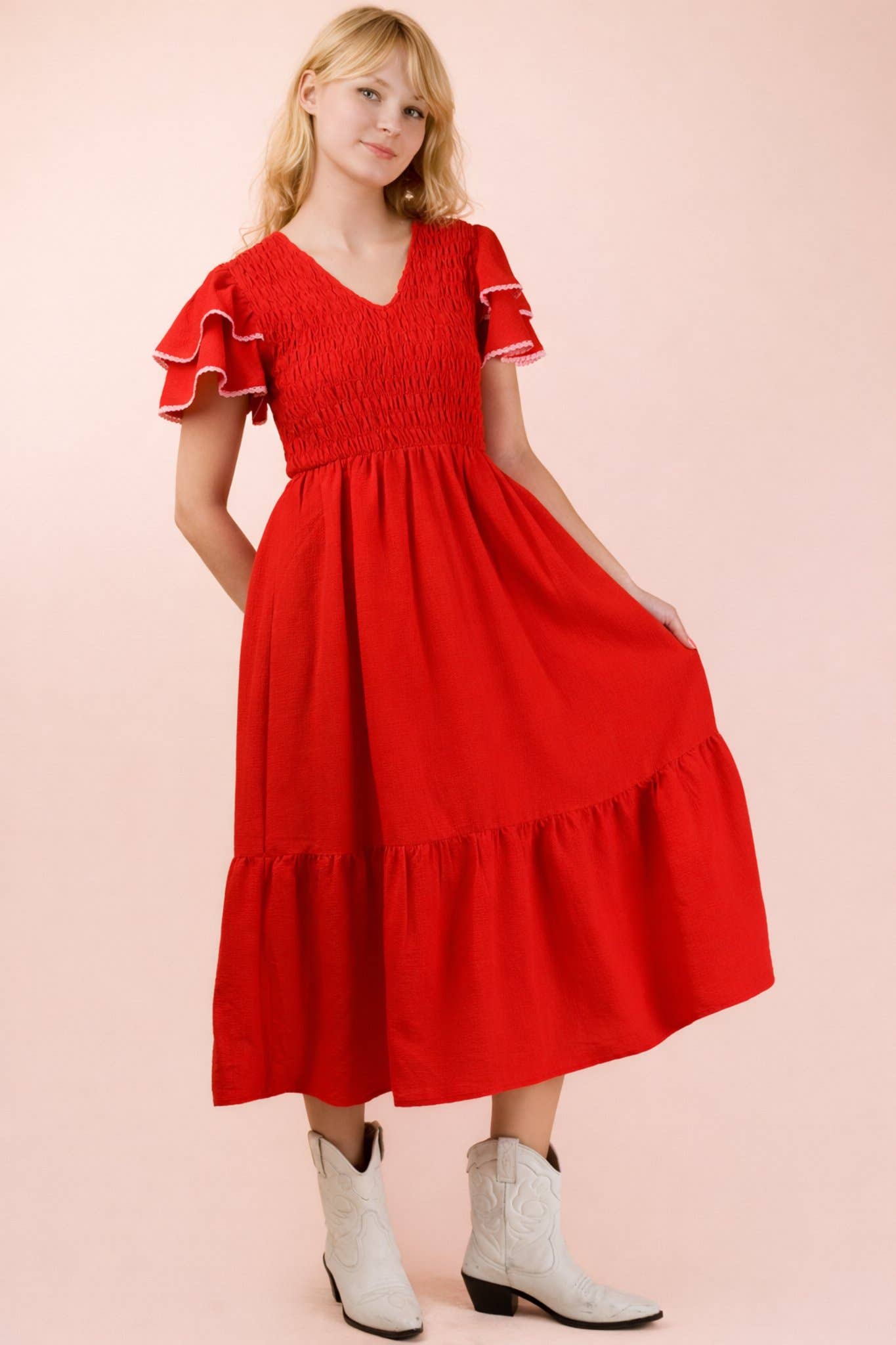 Smocked Ruffle Sleeve Midi Dress