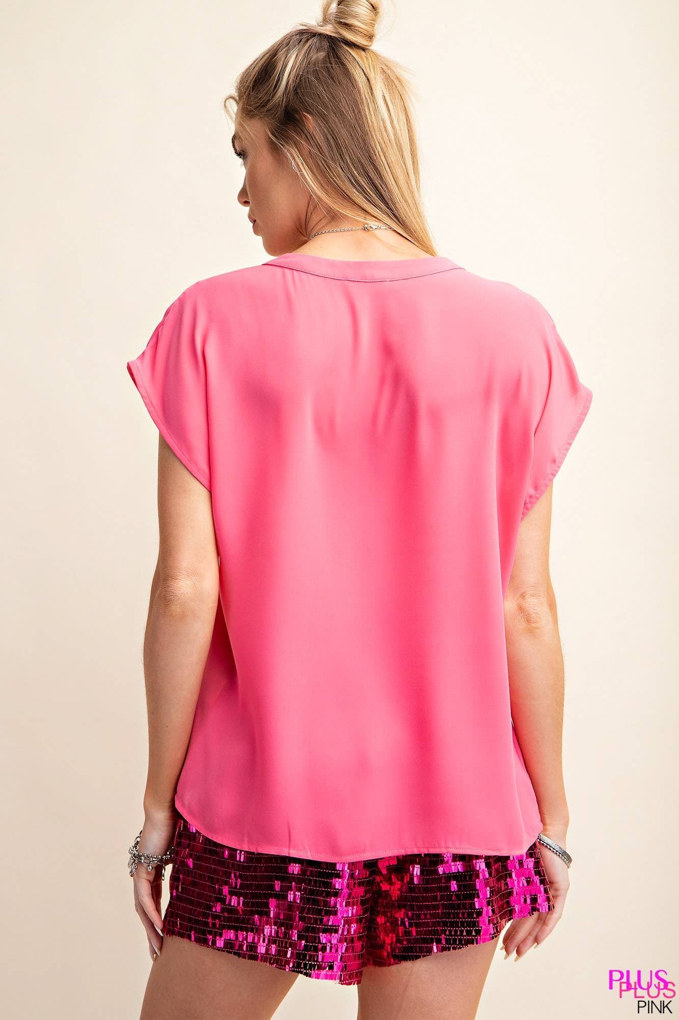 Pink V-Neck Short Sleeve Top