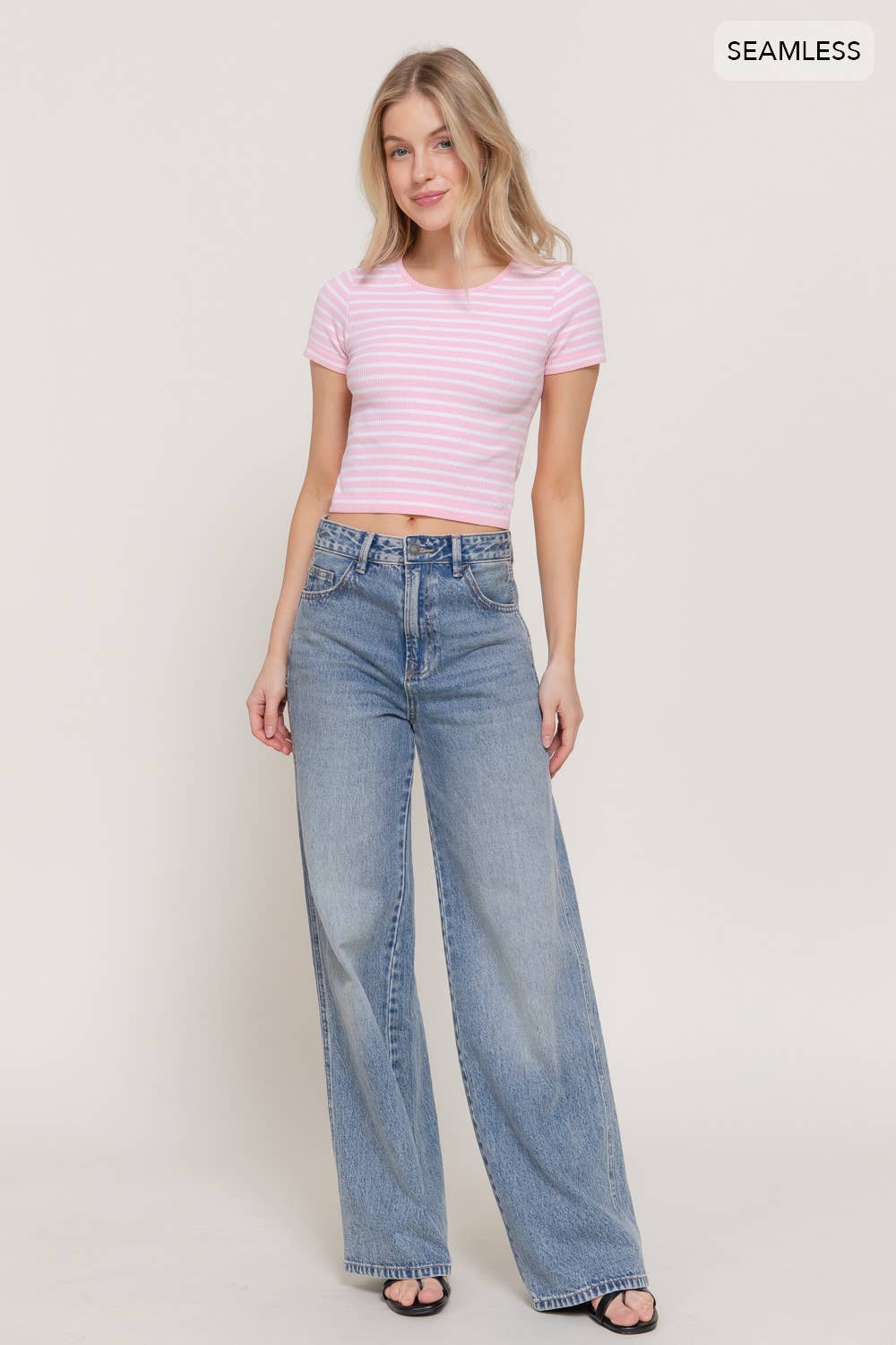 Short Sleeve Crew Neck Stripe Rib Knit Top