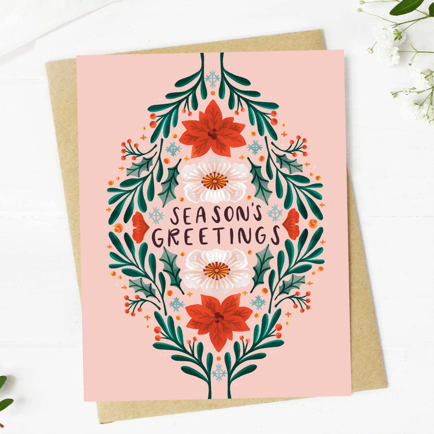 "Season's Greetings" Winter Floral Pattern Christmas Card