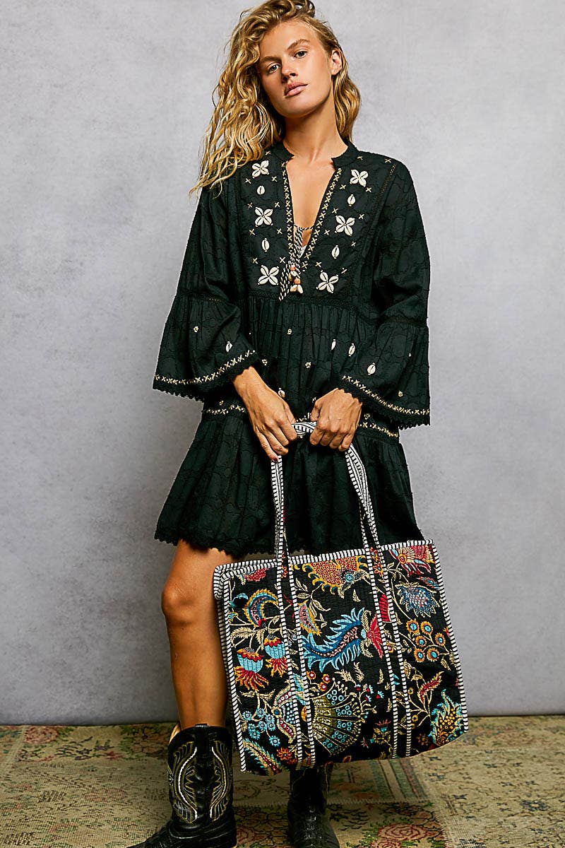 Quilted Striped Black Tote Bag