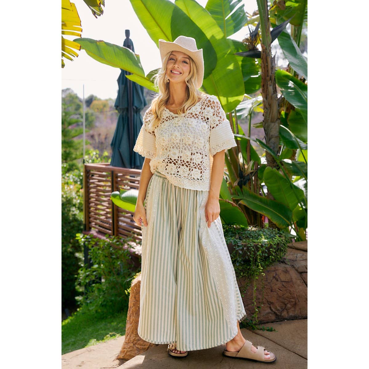 Floral Eyelet Wide Leg Pants