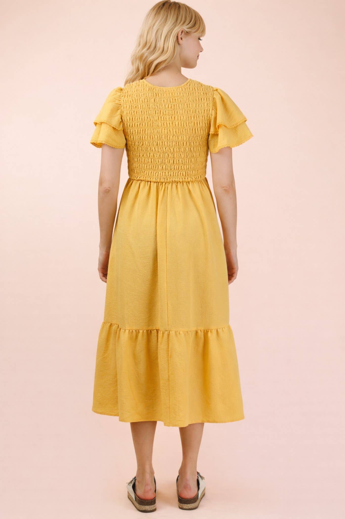 Smocked Ruffle Sleeve Midi Dress