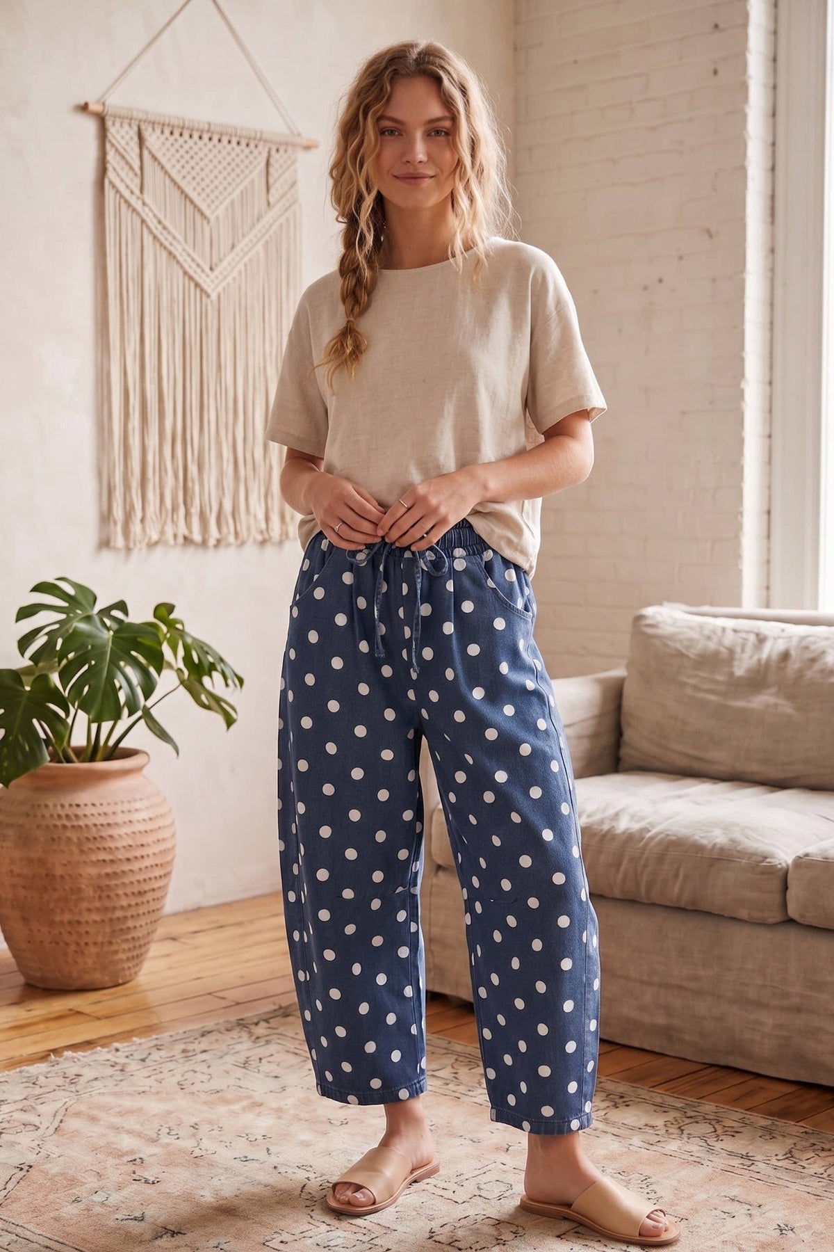 Polka Dot Denim Barrel Pants