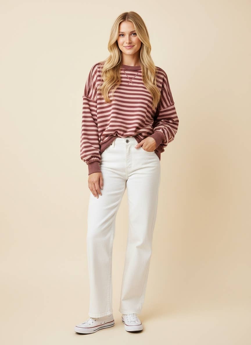 Striped Drop-Shoulder Pullover Sweatshirt