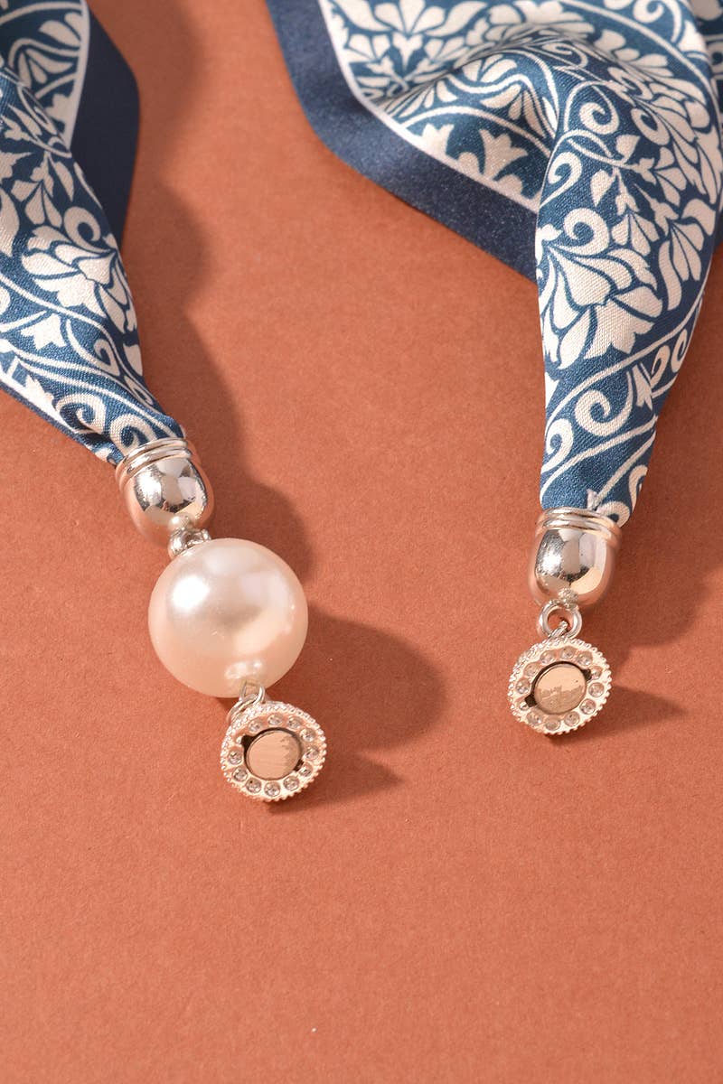 Paisley Print Scarf Necklace with Pearl Accent
