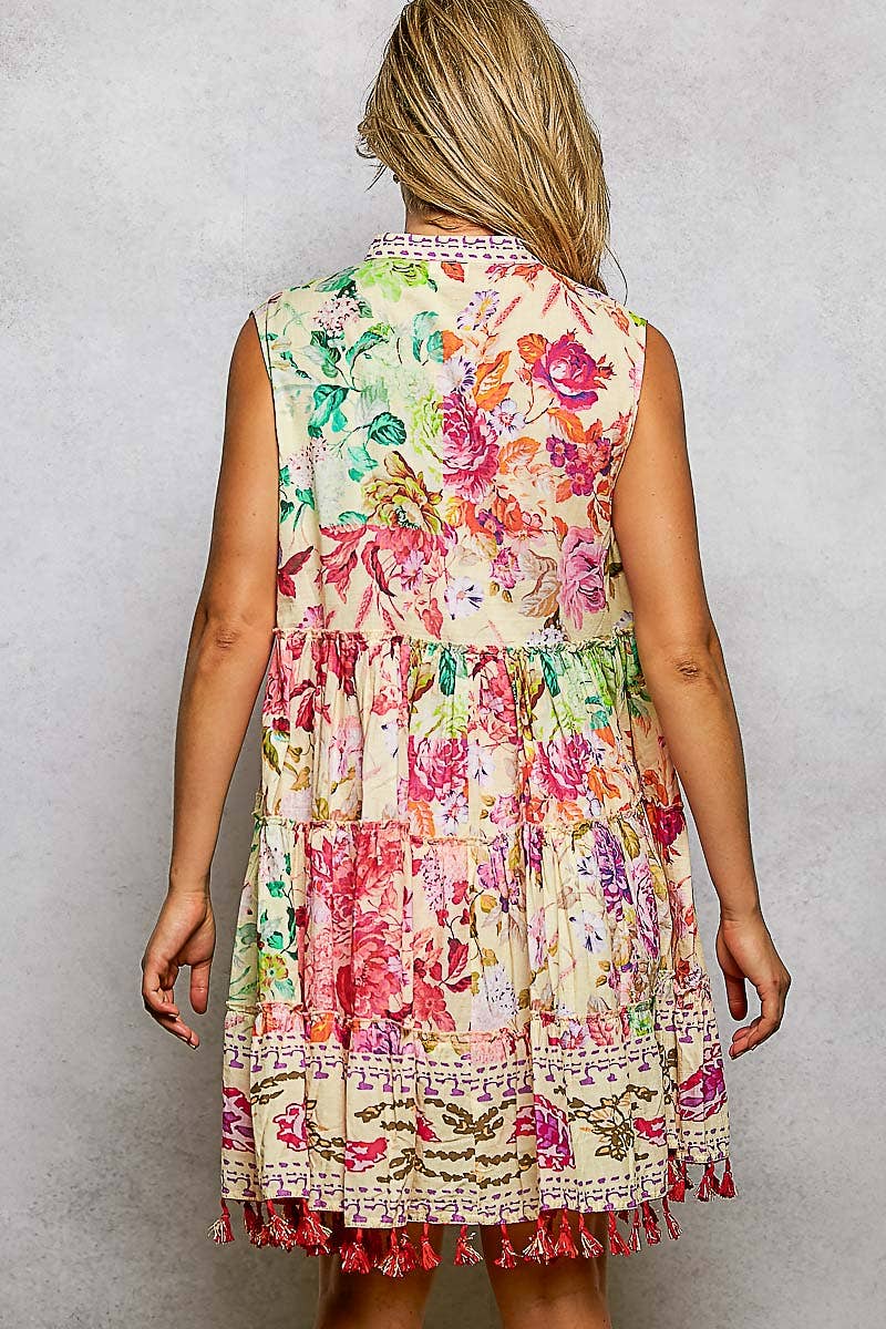 Floral Tassel Beaded Sleeveless Dress