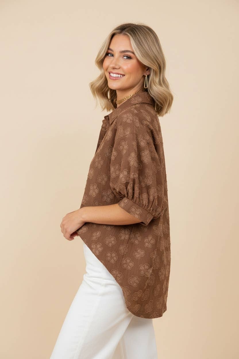 Floral Textured Button Front Collared Blouse