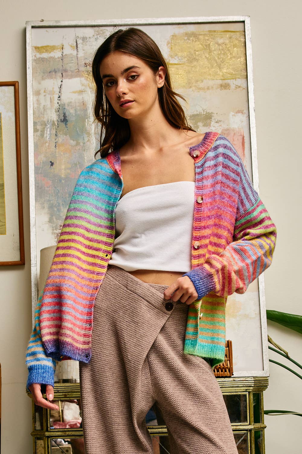 Space-Dye Striped Button-Down Cardigan