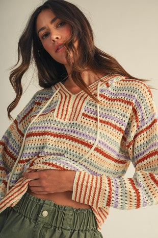 Crochet Stripe Hooded Knit Pullover