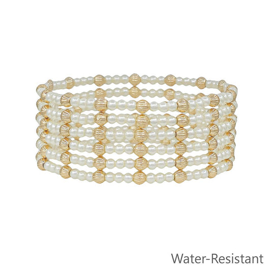 Water Resistant Set of 6 4MM and 3MM Gold and Pearl Beaded Stretch Bracelets