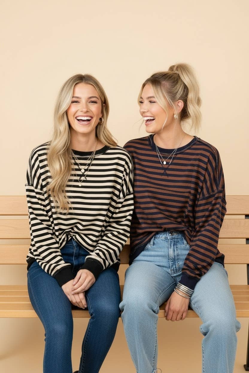 Striped Drop-Shoulder Pullover Sweatshirt