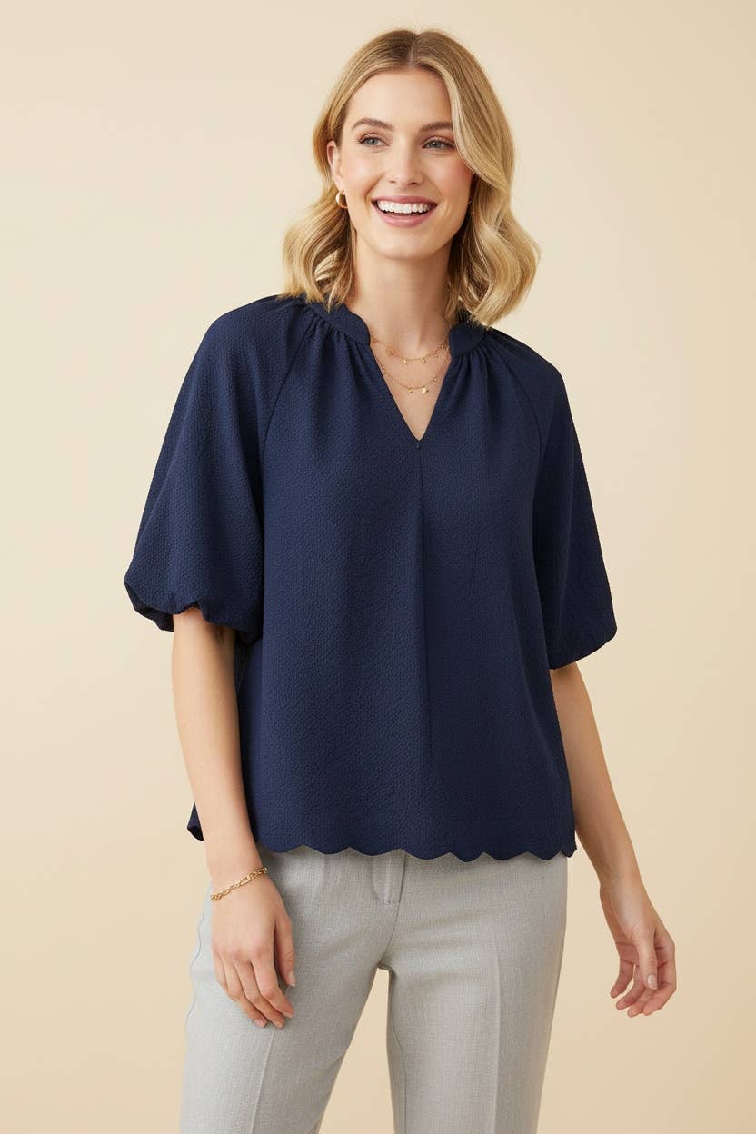 Scalloped Hem Bubble Sleeve Textured Blouse