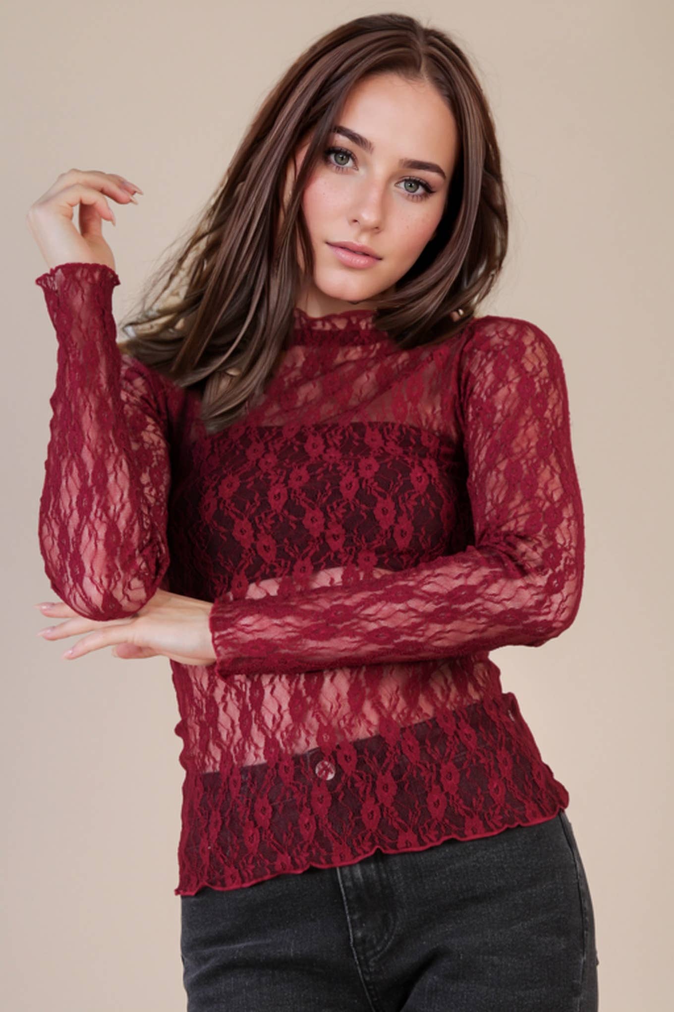 Fitted Sheer Mesh Lace Knit Top