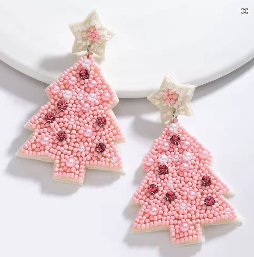 Pink Christmas Tree Seed Bead Earrings