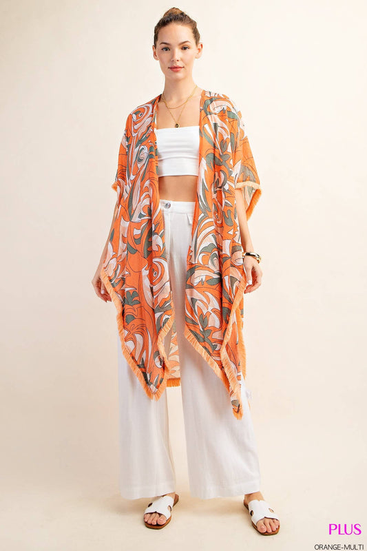 Orange Fringe Trim Kimono