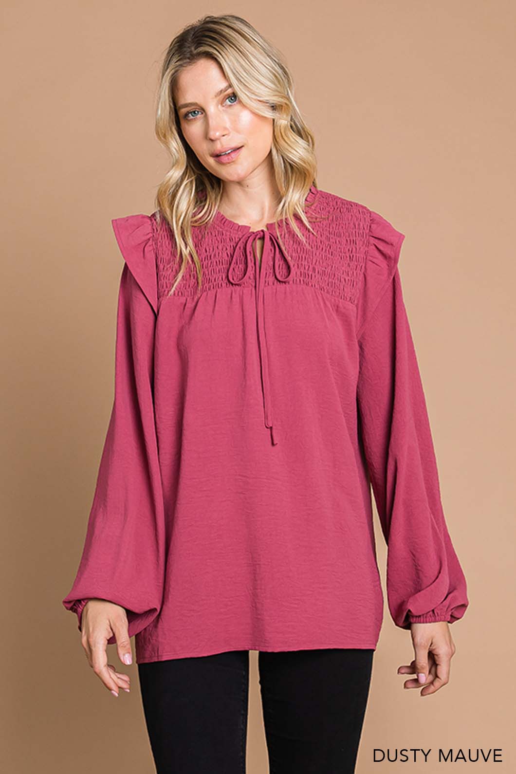 Smocking Detailed Ruffle Shoulder Top