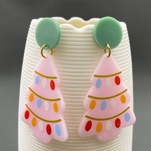 Pink Christmas Tree Earrings