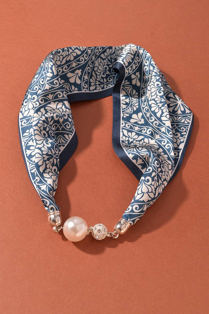 Paisley Print Scarf Necklace with Pearl Accent