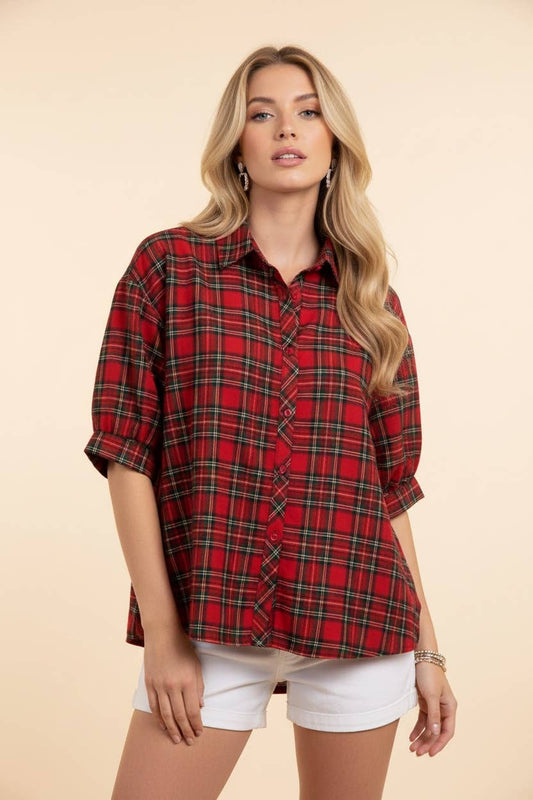 Plaid Button Front Collared Short Sleeve Shirt