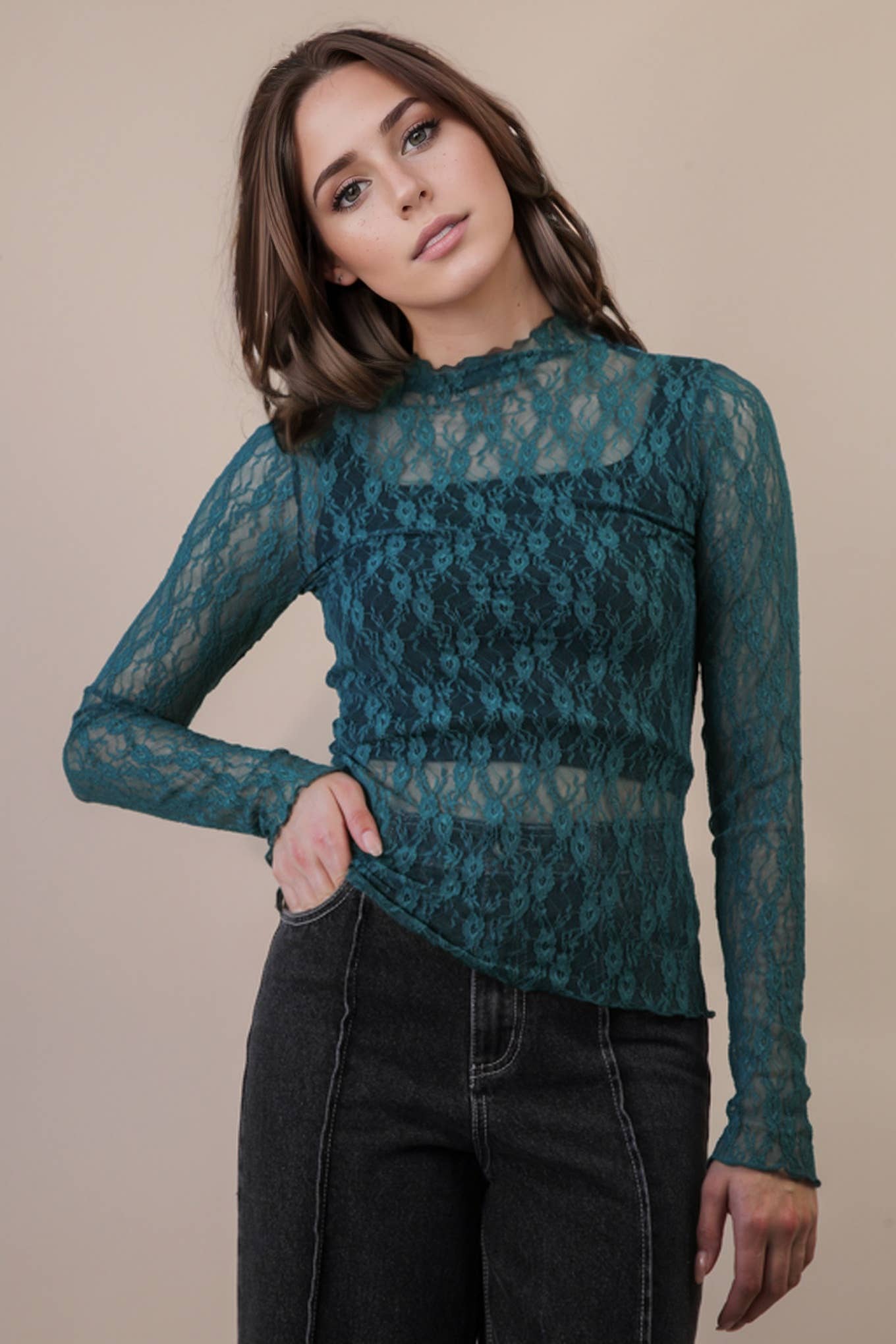Fitted Sheer Mesh Lace Knit Top