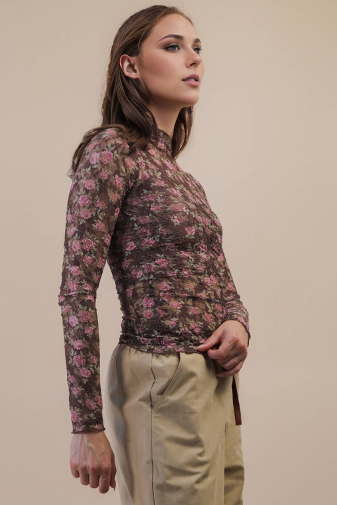 Fitted Sheer Mesh Lace Knit Top