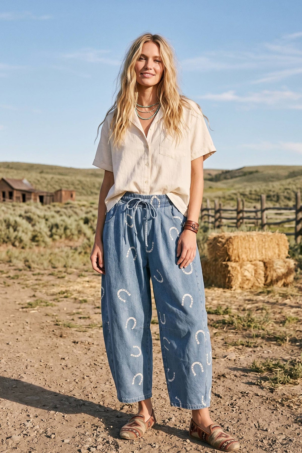 Horseshoe Print Denim Barrel Pants