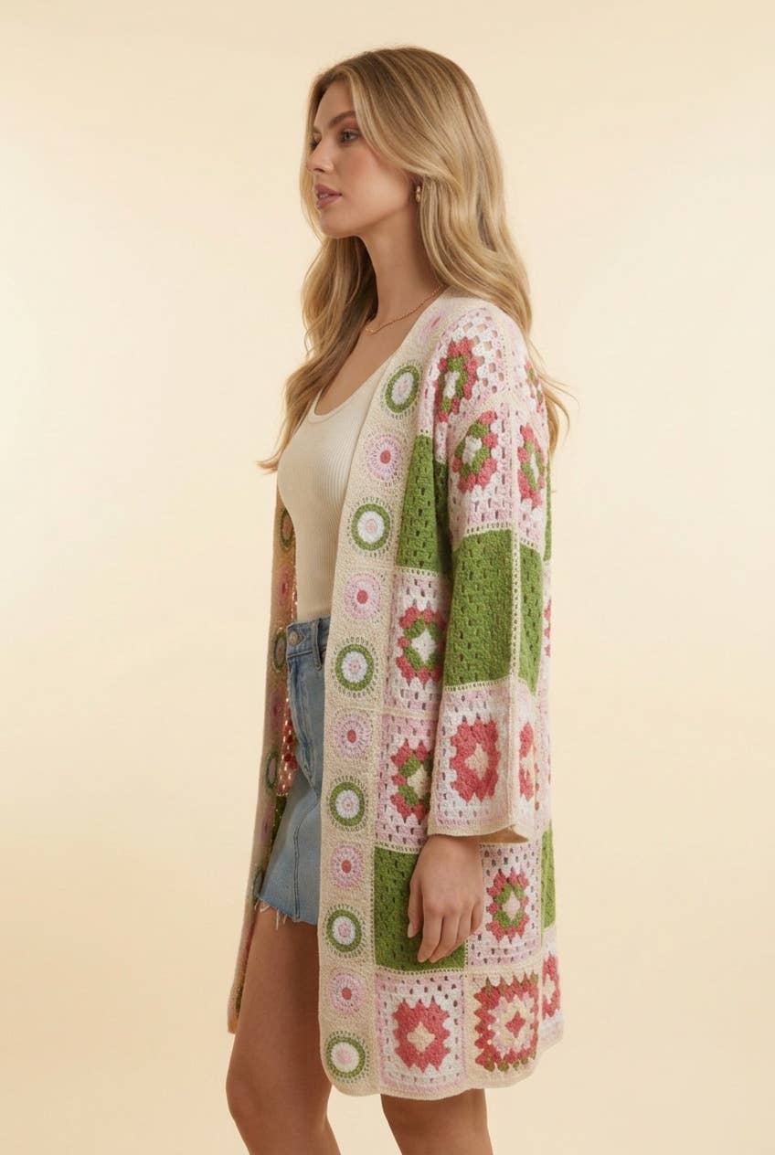 Granny Square Crochet Long Cardigan