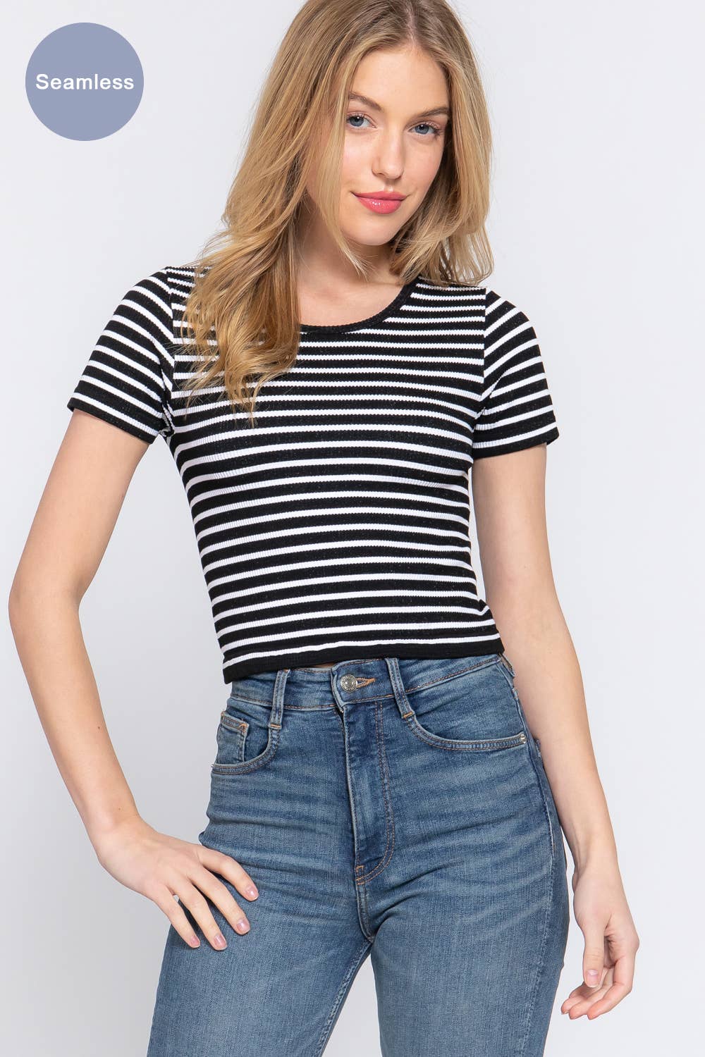 Short Sleeve Crew Neck Stripe Rib Knit Top