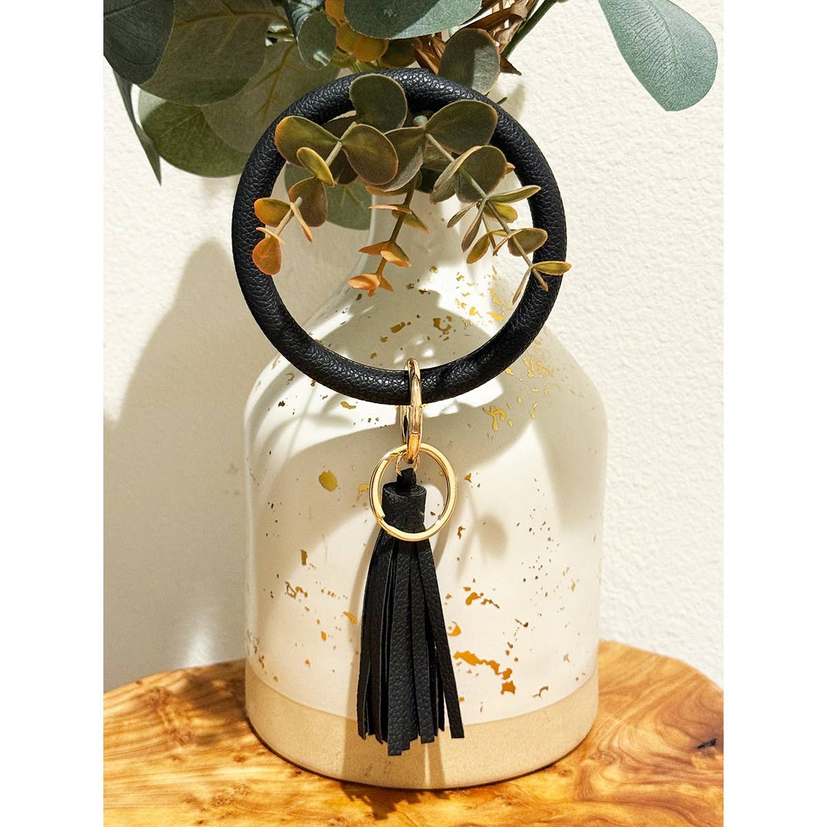Solid PU Leather Wristlet Bangle Key Chain