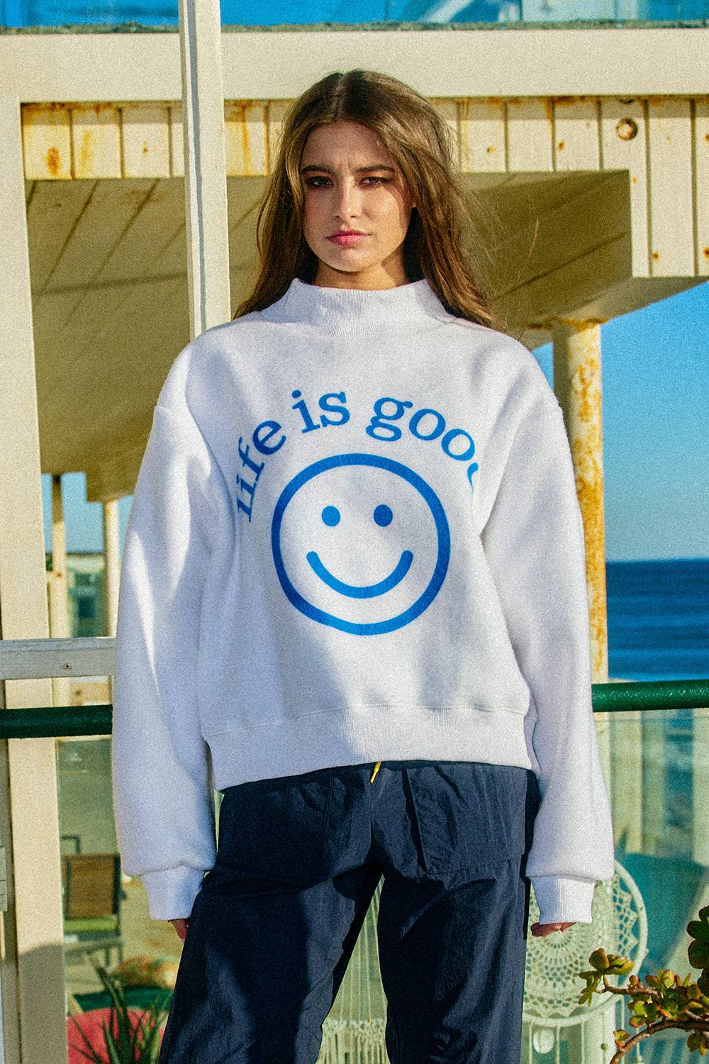 You Are Exactly Where You Need To Be/Life Is Good Reversible Graphic Mock-Neck Crop Sweatshirt