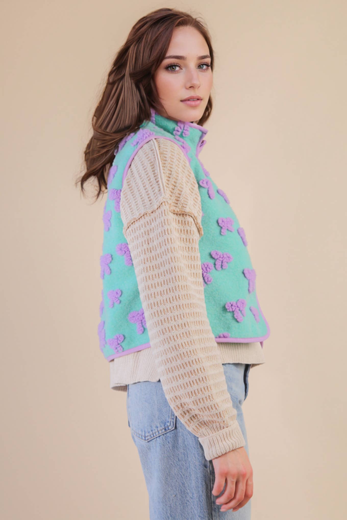 Textured Bow & Floral Printed Vest