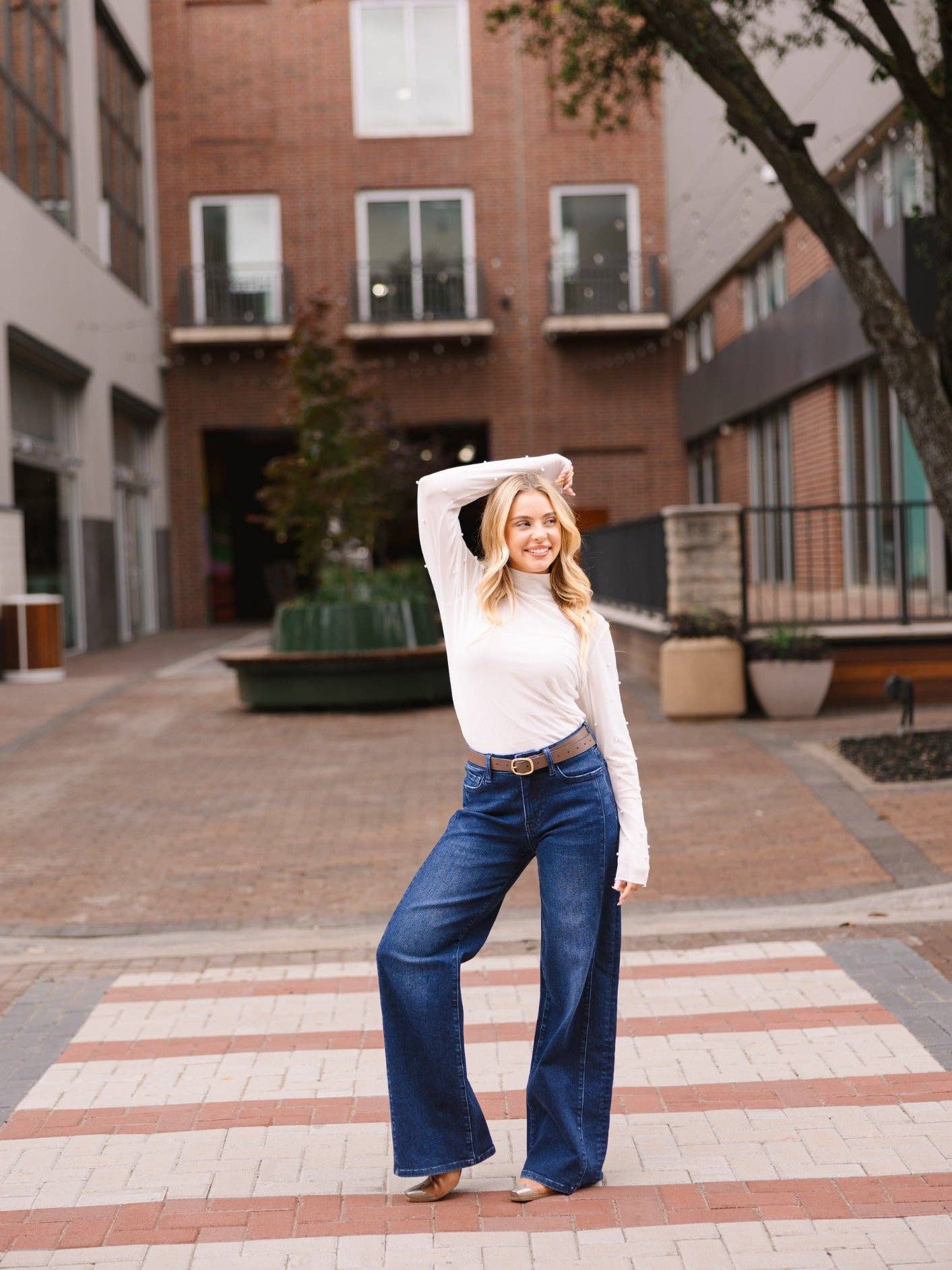 Mock Neck Mesh Top with Pearl Detail, White
