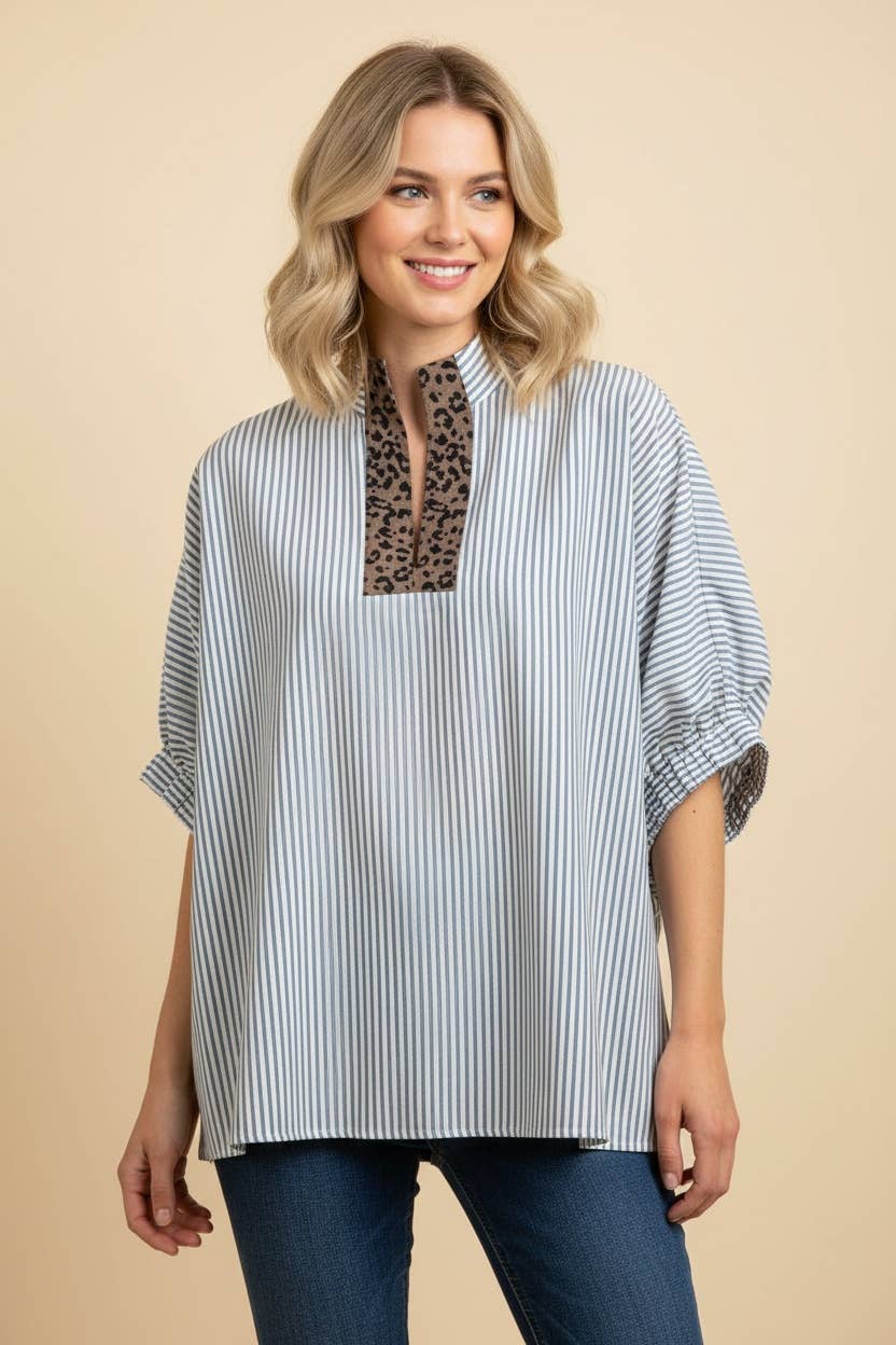 Striped Oversized Split Neck Short Sleeve Top