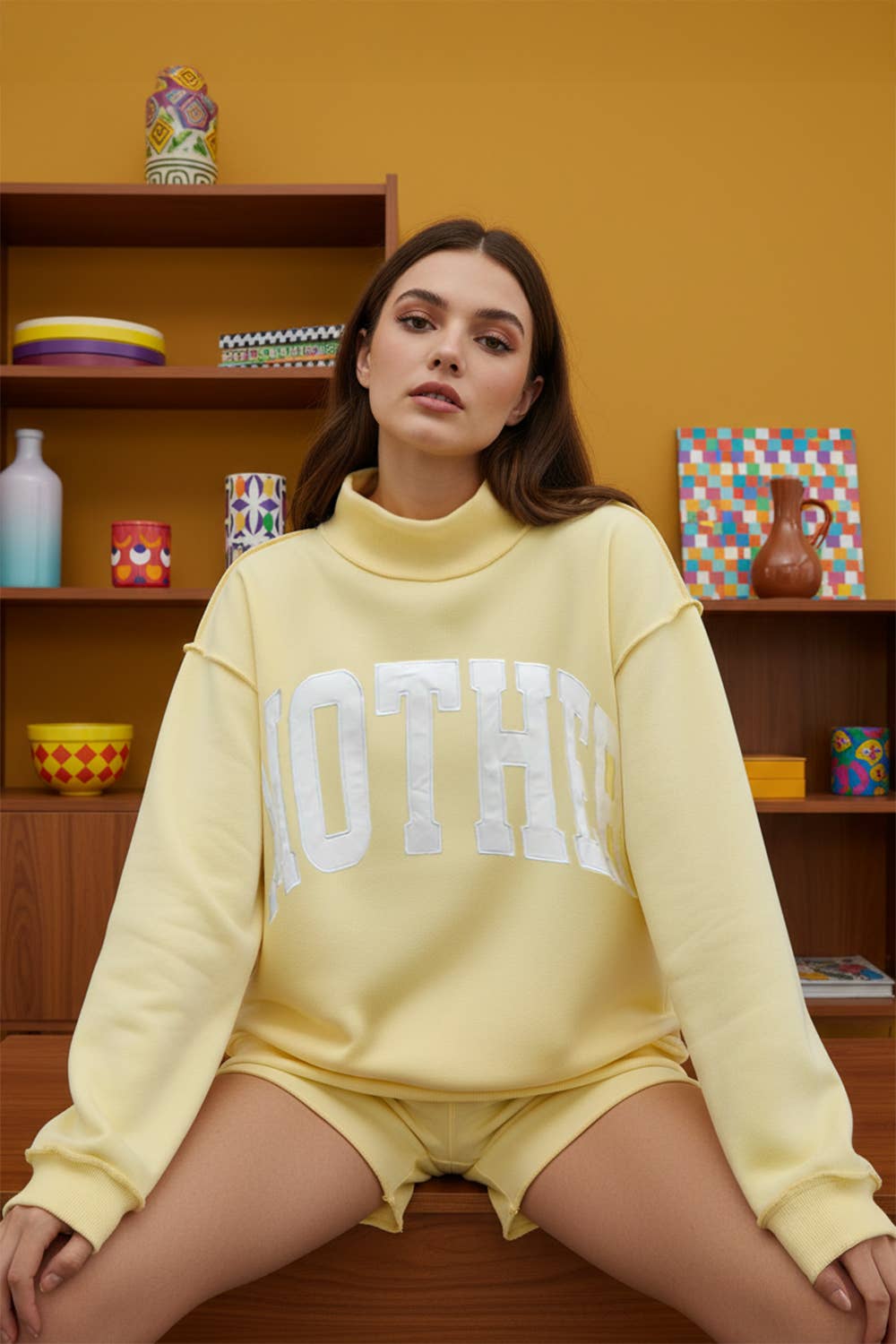 'Mother' Embroidered Mock Neck Sweatshirt