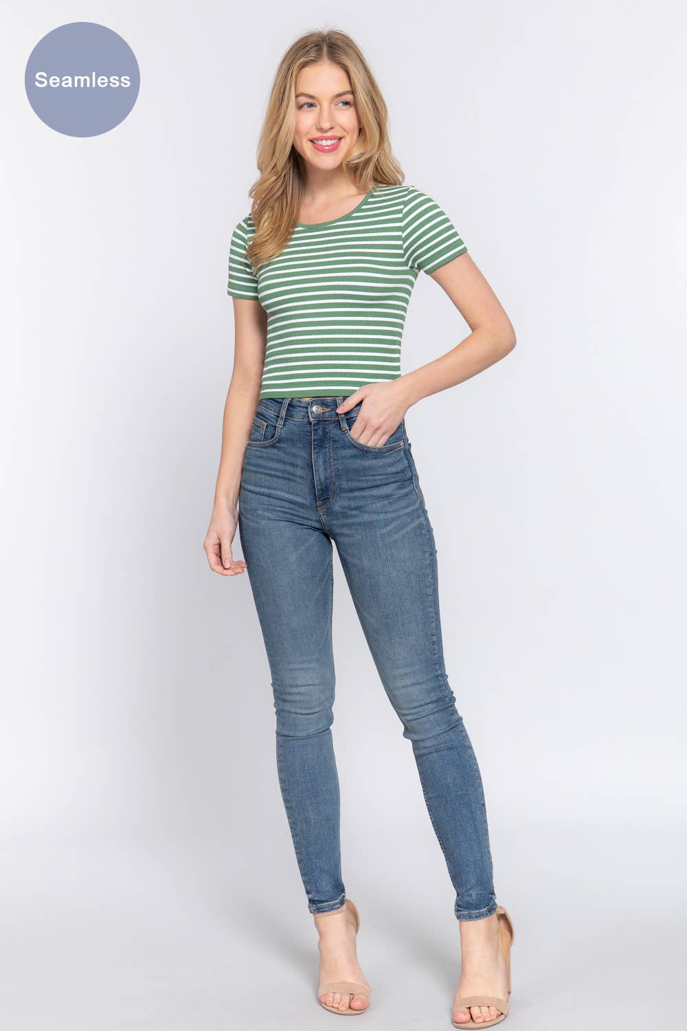 Short Sleeve Crew Neck Stripe Rib Knit Top