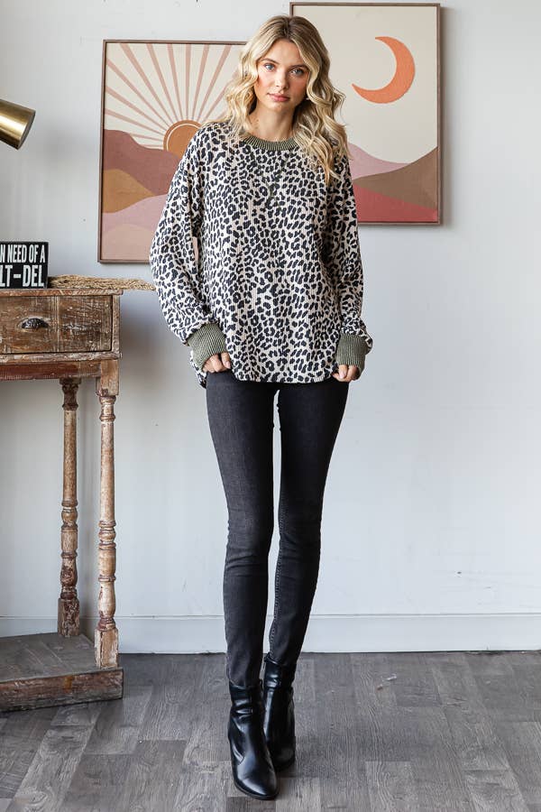 Ribbed Animal Print Long Sleeve Top