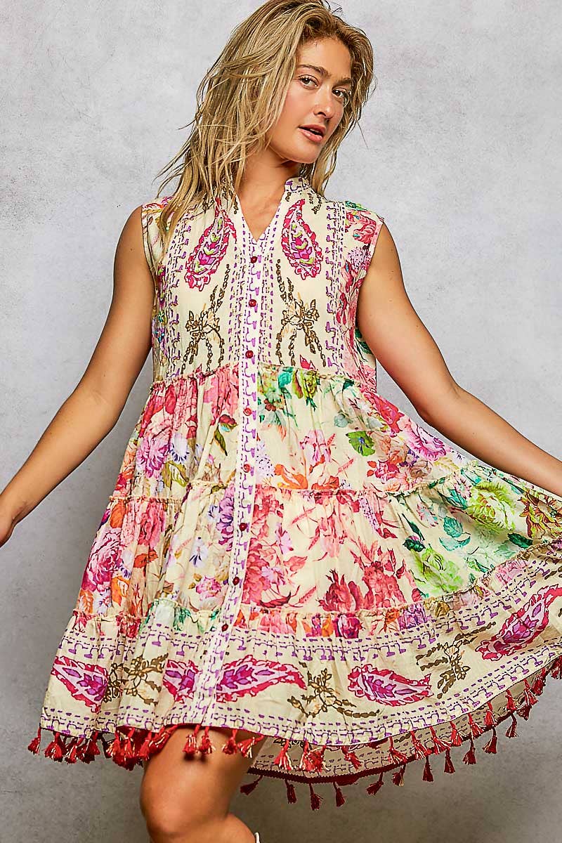 Floral Tassel Beaded Sleeveless Dress