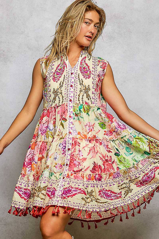 Floral Tassel Beaded Sleeveless Dress