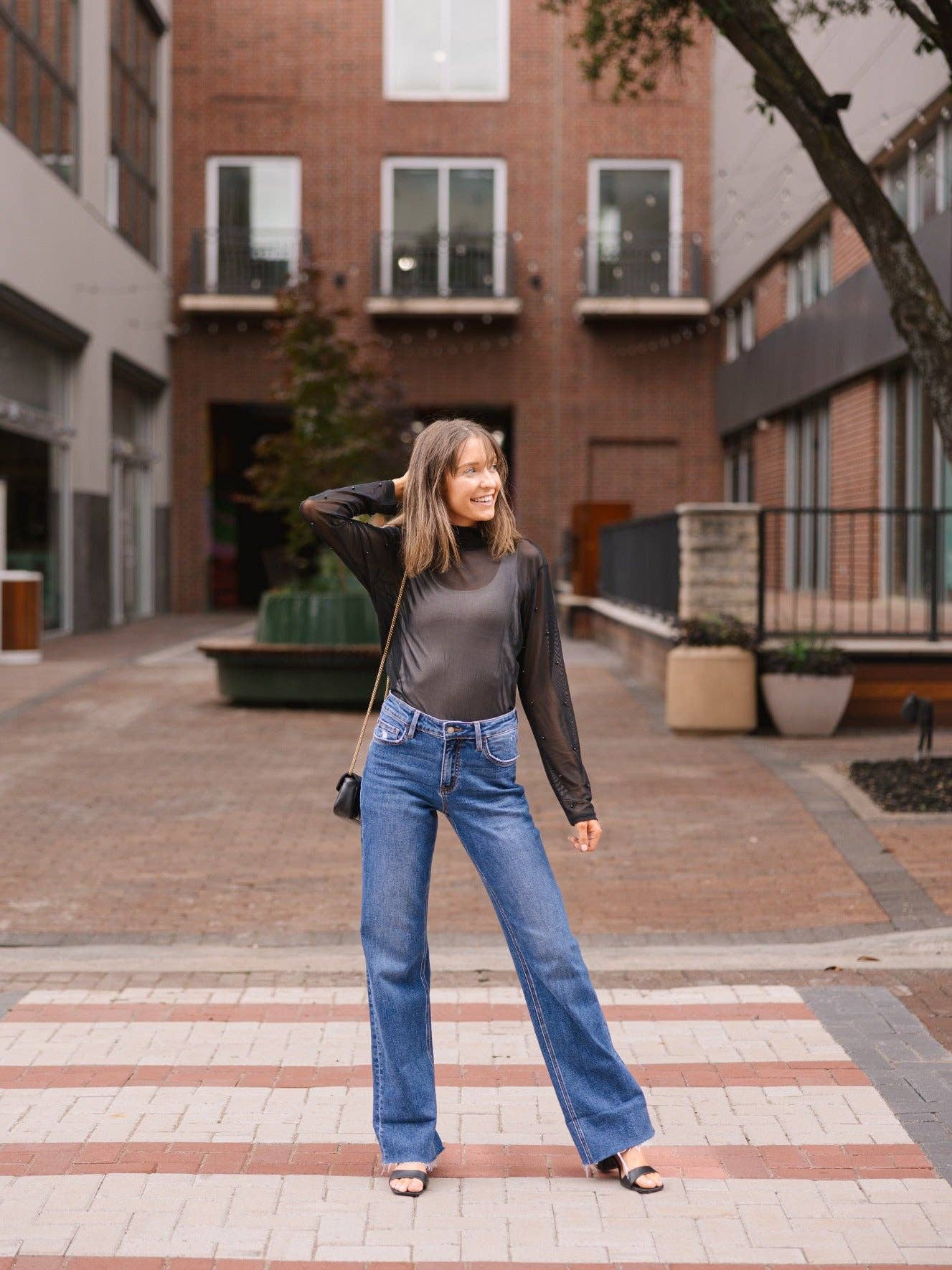 Mock Neck Mesh Top with Pearl Detail, Black