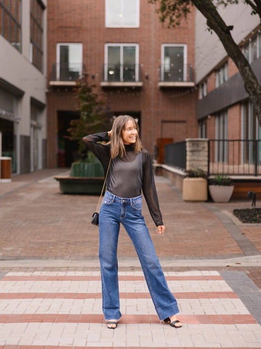 Mock Neck Mesh Top with Pearl Detail, Black